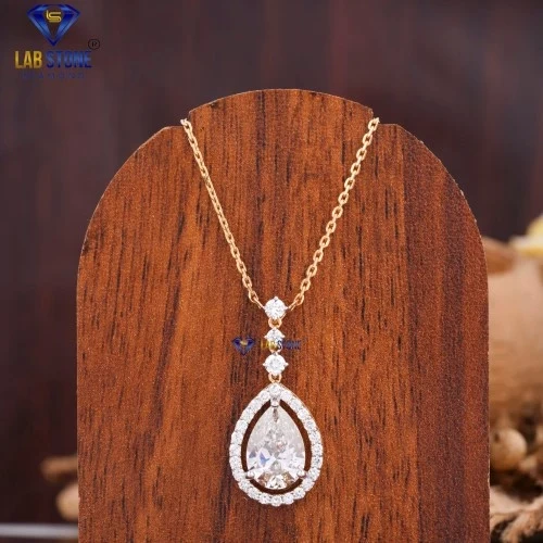 6.495+ Carat Pear&Round Cut Diamond Yellow Gold Pendant And Earring With Chain by Labstone , Wedding Pendant Set , EF-VS color