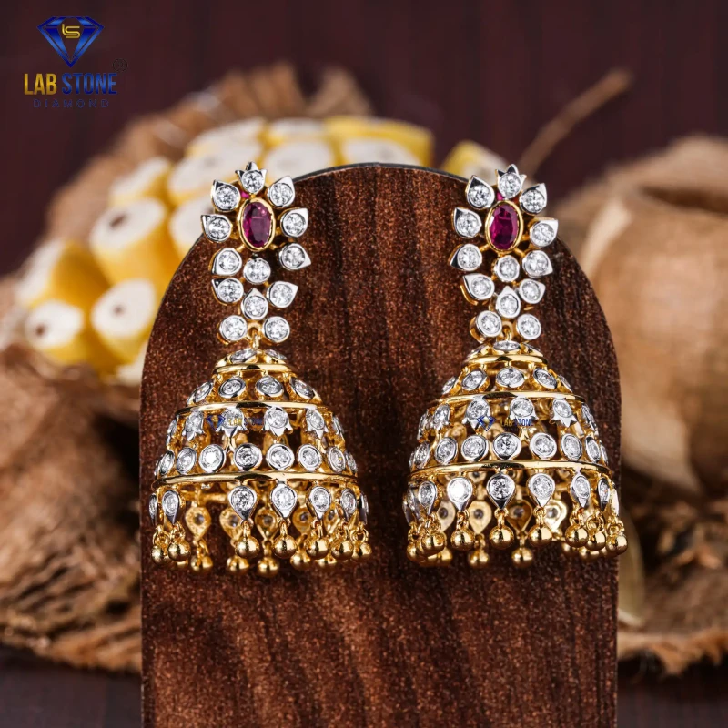 4.41+ Carat F.P. Pear & Round Cut Diamond And Gemstone Yellow Gold Earring / Drop and Dangle Earring / EF-VS Colour