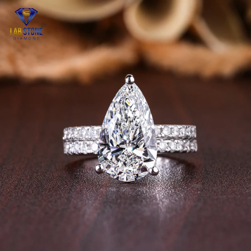 3.80+ Carat Pear & Round Cut Diamond White Gold Ring / Ring with Band / EF color VS clarity