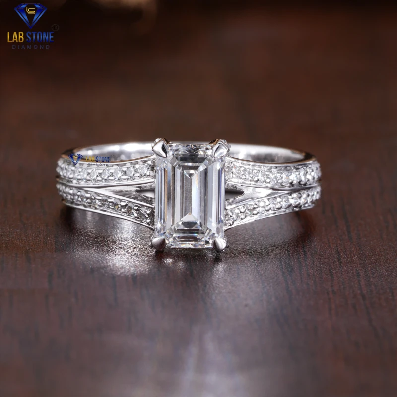 1.47+ Carat Emerald & Round Cut Diamond White Gold Ring by Lab-Stone/ Experience Diamond Elegance / EF-VS color