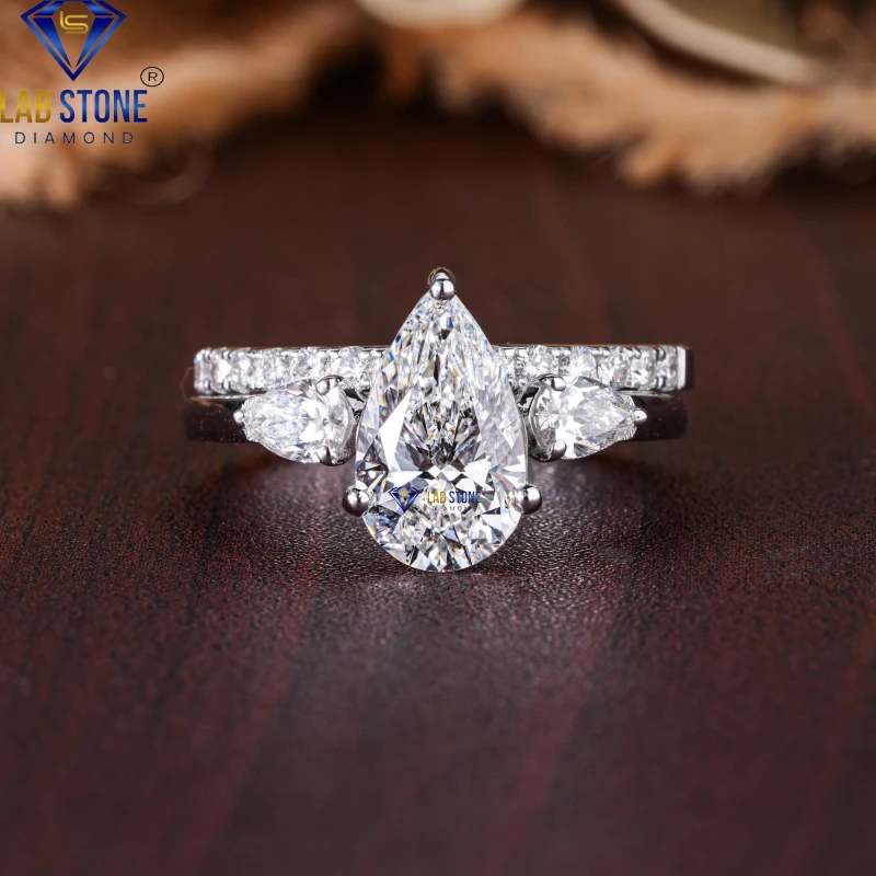 2.49+ Carat Pear & Round Cut Diamond White Gold Ring / Ring With Band / EF-VS Colour