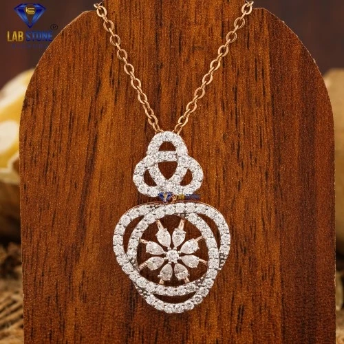 3.06+ Carat Pear, Round Cut Diamond Rose Gold Pendant & Earring Set by Labstone ,Diamond Pendant Earring ,EF-VS color