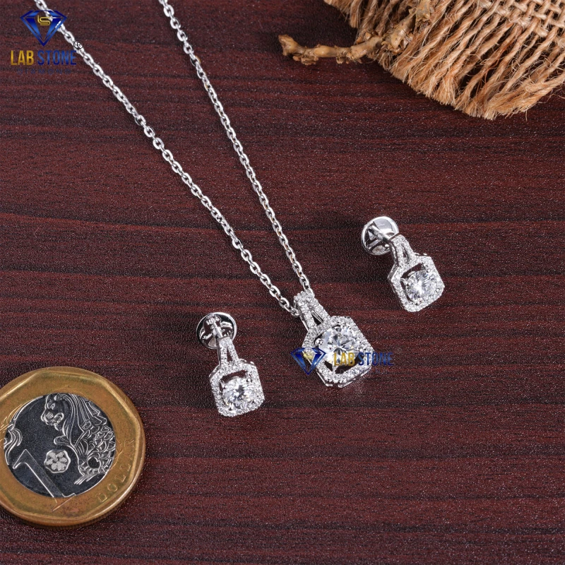 2.196+ Carat Round Cut Diamond White Gold Pendant & Earring Set by Labstone / Discover Brilliance / EF-VS color