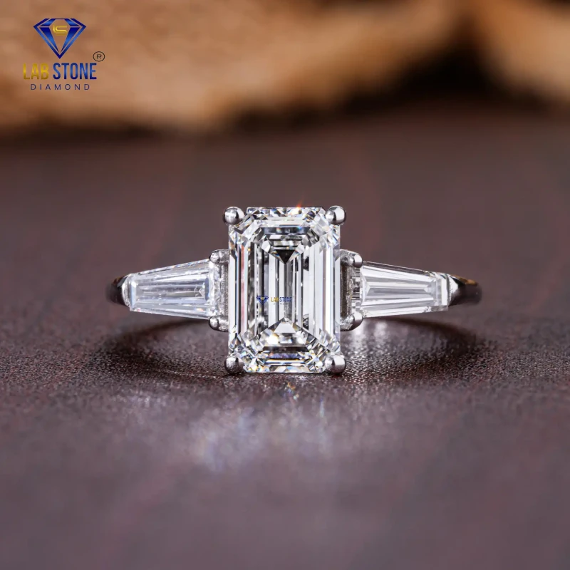 1.97+ Carat Emerald & Tapered Baguette Cut Diamond White Gold Ring / Three Stone Ring /EF color VS clarity