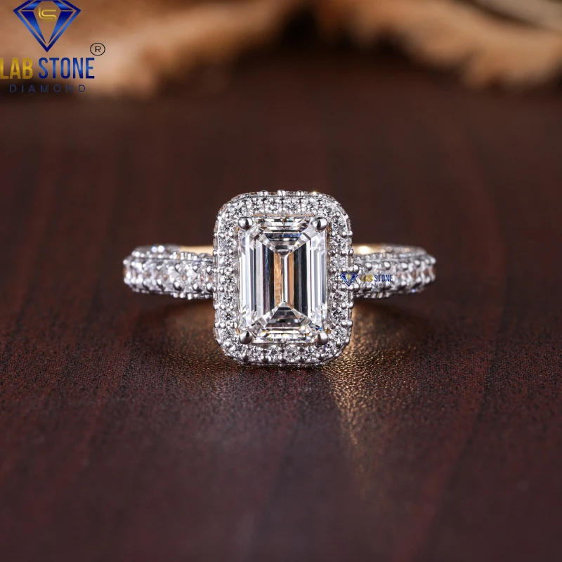 3.08+ Carat Emerald & Round Cut Diamond Yellow Gold Ring / Wedding Ring / EF-VS Colour