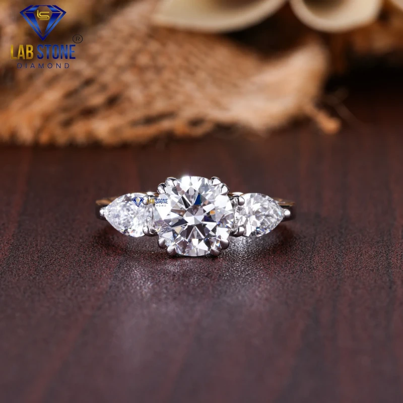 2.46+ Carat Round & Pear Cut Diamond White Gold Ring / Three Stone Ring / EF Color VS clarity 
