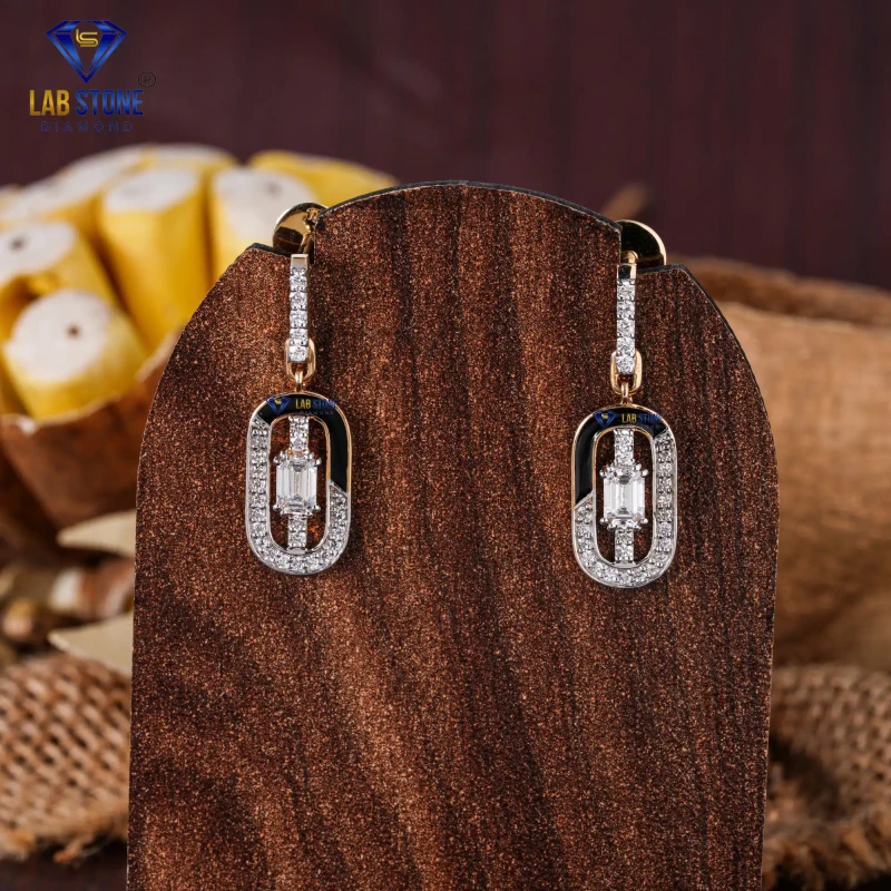 0.77+ Carat Emerald & Round Cut Diamond Yellow Gold Earring / Drop and Dangle Earring / EF-VS Colour