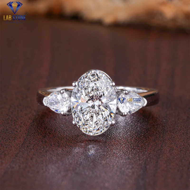 2.50+ Carat Oval & Pear Cut Diamond White Gold Ring / Three Stone Ring / EF-VS Colour