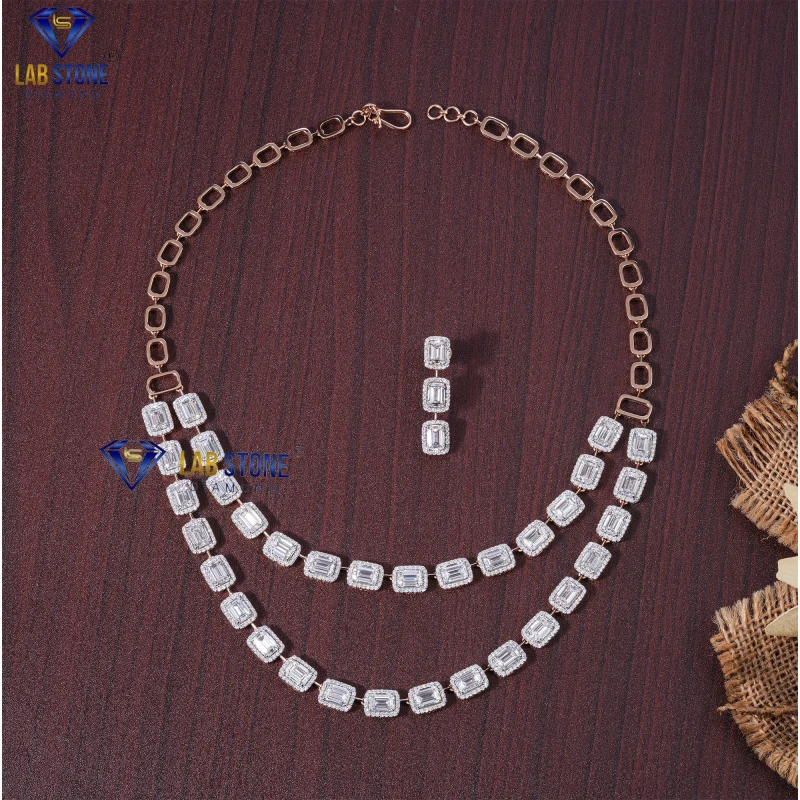 41.542+ Carat Emerald & Round Cut Diamond Rose Gold Necklace by Labstone / Elegance in Every Carat / EF-VS color