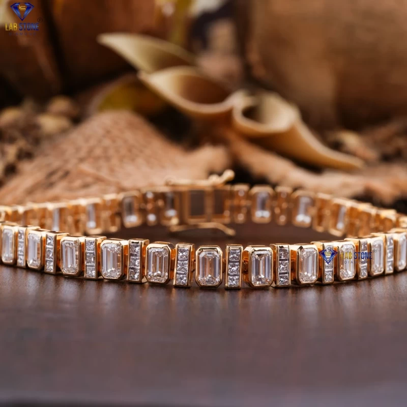 8.46+ Carat Emerald & Princess Cut Diamond Yellow Gold Diamond Bracelet by Labstone /Dainty Heartshine Diamond Bracelet / EF-VS color