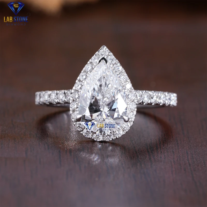 2.675+ Carat Pear & Round Cut Diamond White Gold Ring by Lab-Stone / Classic Elegance Diamond Ring / EF-VS color