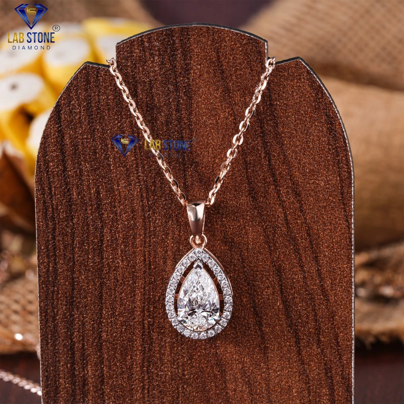 1.882+ Carat Pear & Round Cut Diamond Rose Gold Pendant by Labstone/ Timeless Elegance, Endless Sparkle / EF-VS color