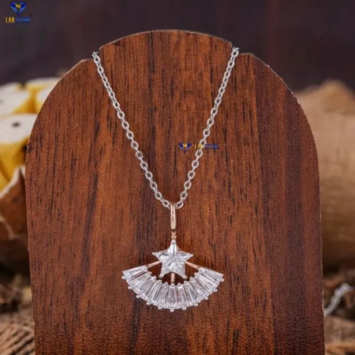 4.88+ Carat Star,Baguette & Kite Cut Diamond Rose Gold PendantAndEarring WithChain by Labstone , Bridal Pendant Set , EF-VS color