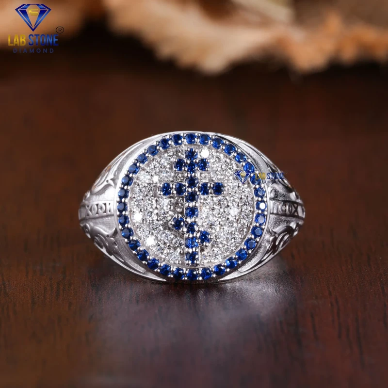 0.35+ Carat B. Round Cut Diamond & Gemstone White Gold Ring by Lab-Stone / Men's Aesthetic Diamond Ring / EF-VS color