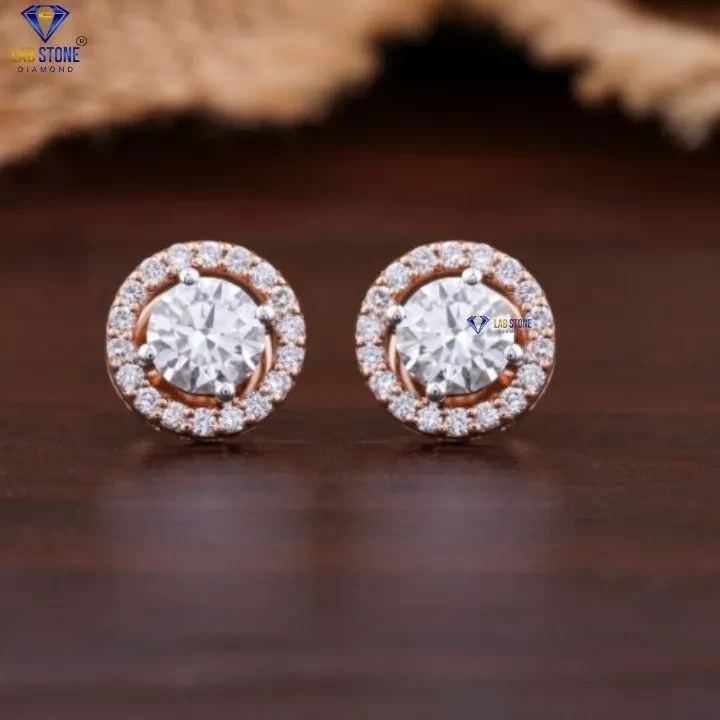 1.58+ Carat TDW Round Cut Diamond Rose Gold Earring by Labstone , Daily Wear Earring , EF color VS clarity
