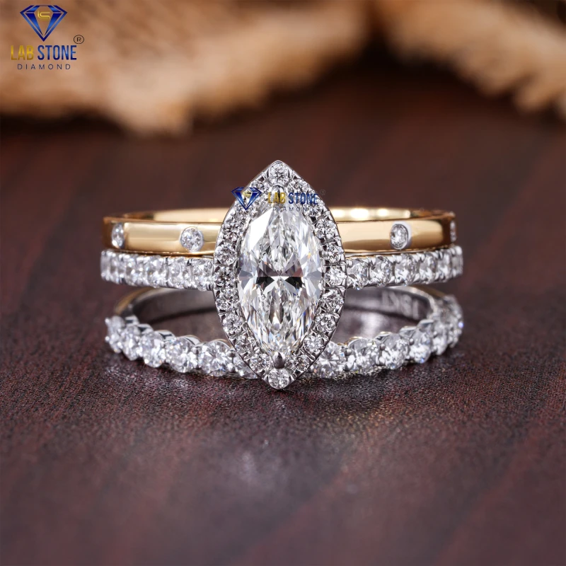 1.55+ Carat Round & Marquise Cut Diamond White And Yellow Gold Ring by Labstone/ Shimmer and Shine/ EF-VS color
