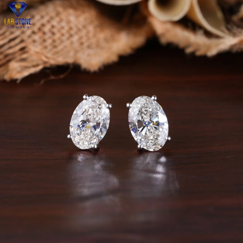 4.00+ Carat Oval Cut Diamond White Gold Earring by Labstone / Feminine & Dazzling Diamond Earring / EF color VS clarity