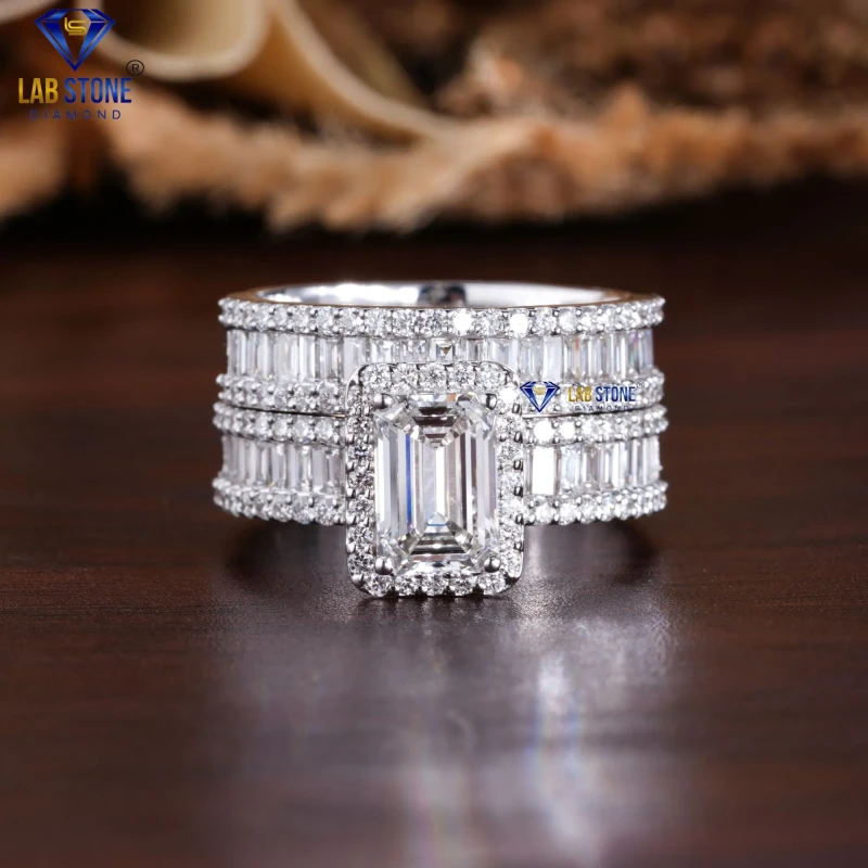 2.66+ Carat Emerald ,Baguette & Round Cut Diamond White Gold Ring by Lab-Stone / Luxurious Diamond Ring / EF-VS color