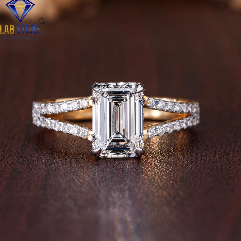 2.12+ Carat Emerald & Round Cut Diamond Yellow Gold Ring / Sparkle Craft Ring / EF-VS Colour