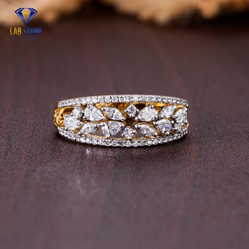 0.67+ Carat Pear, Marquise & Round Cut Diamond Yellow Gold Ring / Party Wear Band Ring / EF Color VS clarity