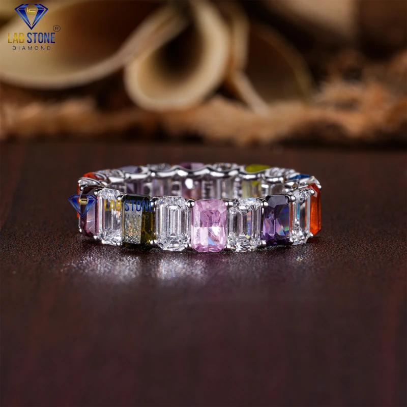 5.37+ Carat Fancy Color Emerald Cut Diamond White Gold Ring / Full Eternity Band / EF-VS Colour