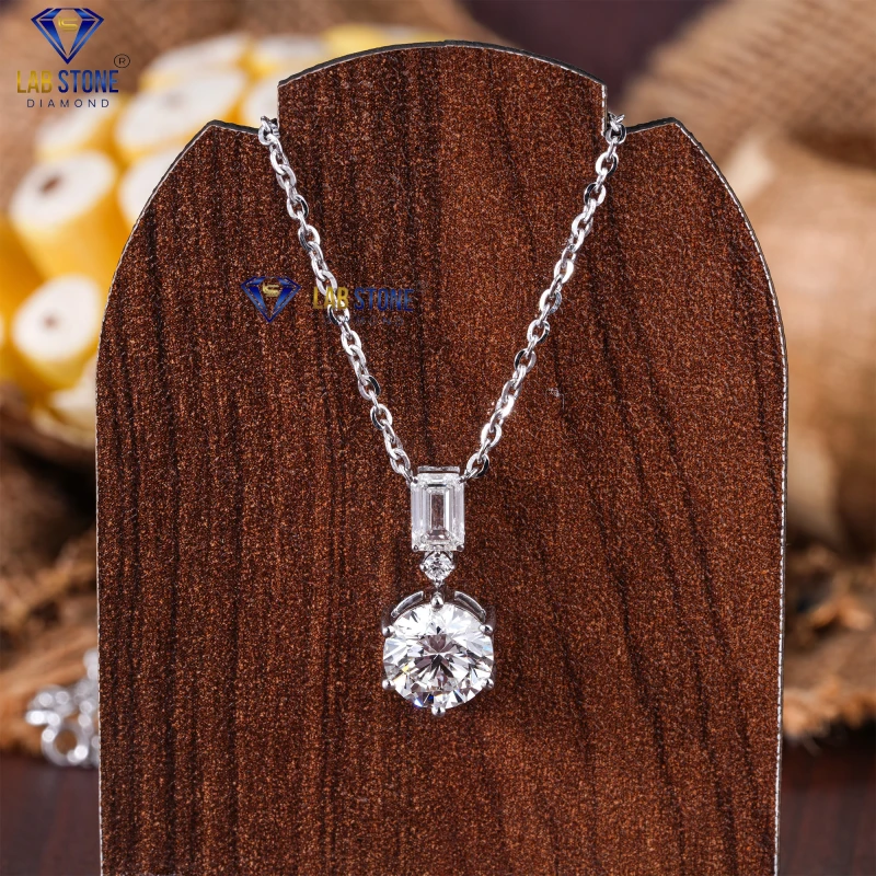 2.24+ Carat Round & Emerald Cut Diamond White Gold Pendant by Labstone / Shine Bright with Diamond / EF-VS color