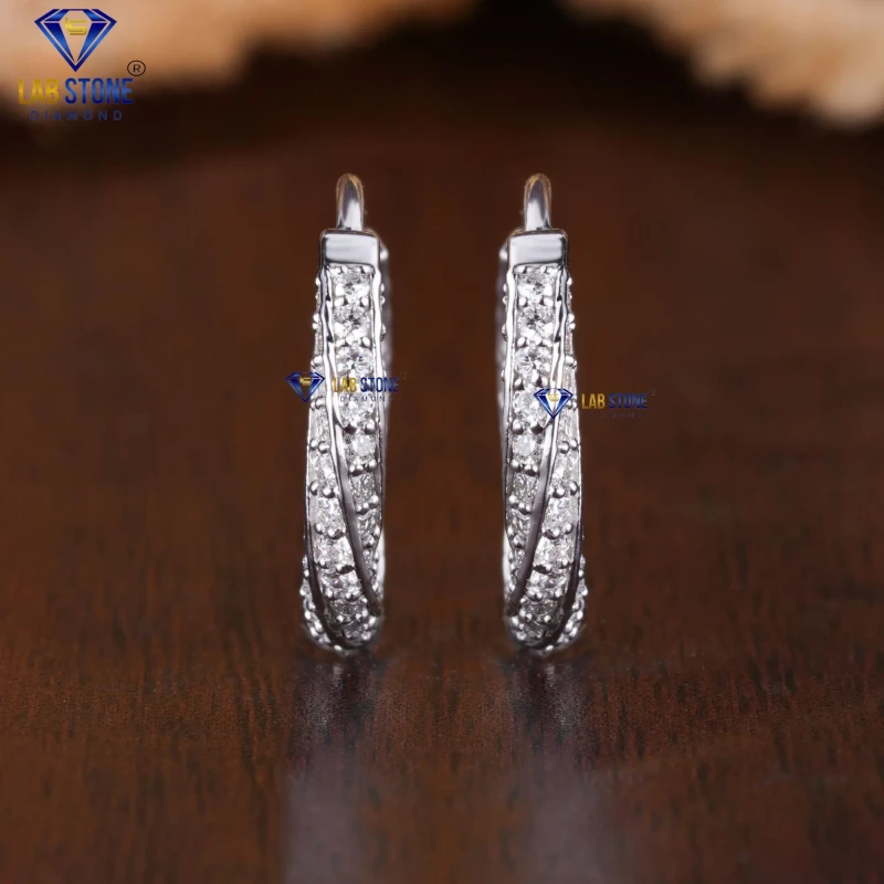 1.20+ Carat Round Cut Diamond White Gold Earring by Labstone / Moonshine Sparkling Hoop Earring / EF color VS clarity
