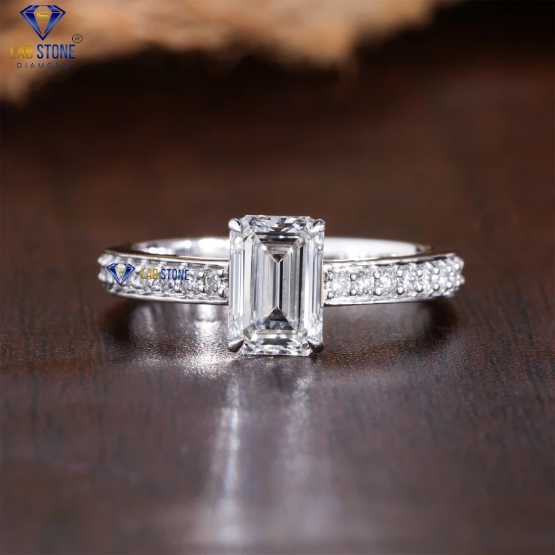 1.69+ Carat Emerald & Round Cut Diamond White Gold Ring by Lab-Stone/ Perfect Gift for any Special Occasion / EF-VS color