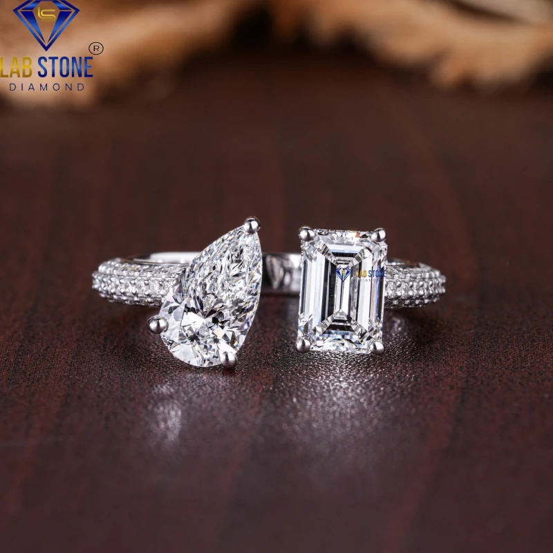 3.71+ Carat Emerald, Pear & Round Cut Diamond White Gold Ring / Wedding Ring / EF-VS Colour