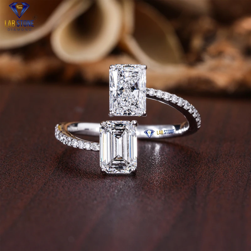 2.10+ Carat Emerald , Radiant & Round Cut Diamond White Gold Ring / Pave Ring / EF-VS Colour