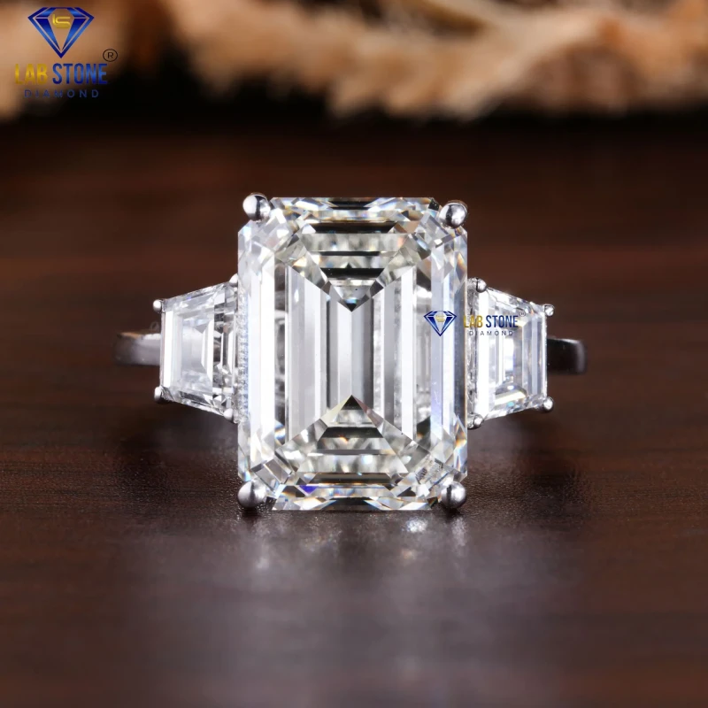4.60+ Carat Emerald And T. Baguette Cut Diamond White Gold Ring by Lab-Stone/ Rare & Stunning Diamond Ring / EF-VS color