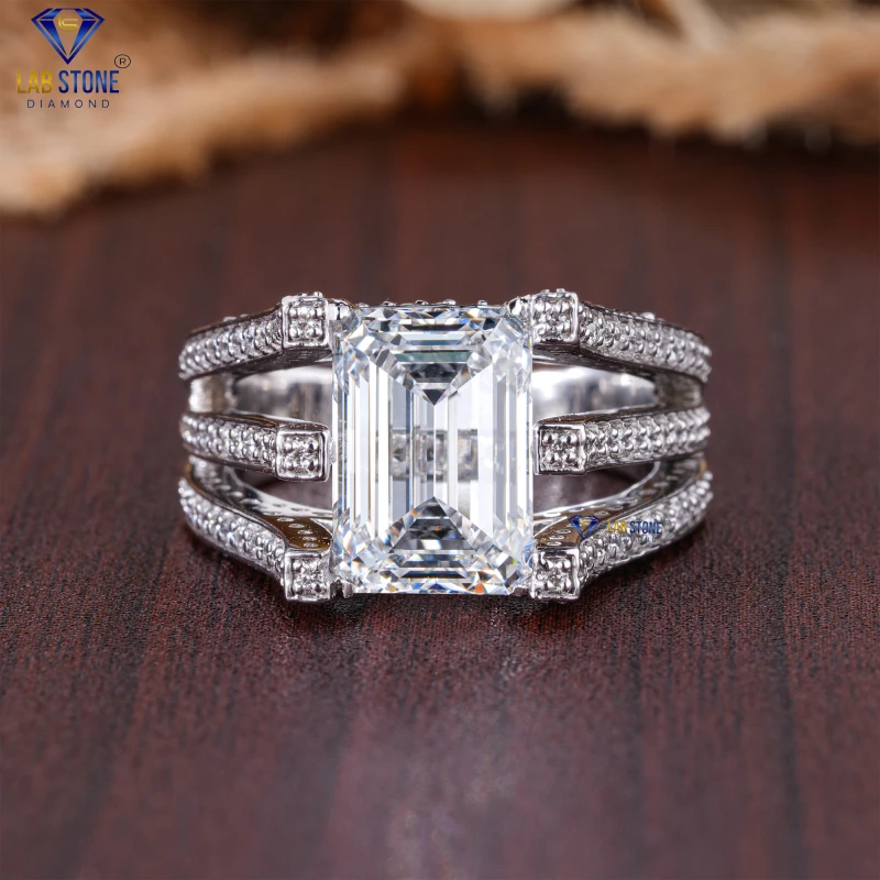 4.85+ Carat Emerald & Round Cut Diamond White Gold Ring by Lab-Stone / Elegantly Crafted Diamond Ring / EF-VS color