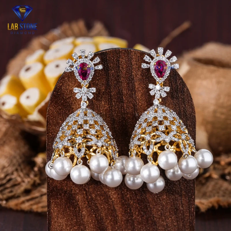 3.89+ Carat F.P. Pear & Round Cut Diamond, Gemstone And White Pearl Yellow Gold Earring / Elegant Earring / EF-VS Colour