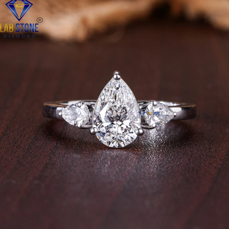 1.90+ Carat Pear Cut Diamond White Gold Ring / Three Stone Ring / EF-VS Colour