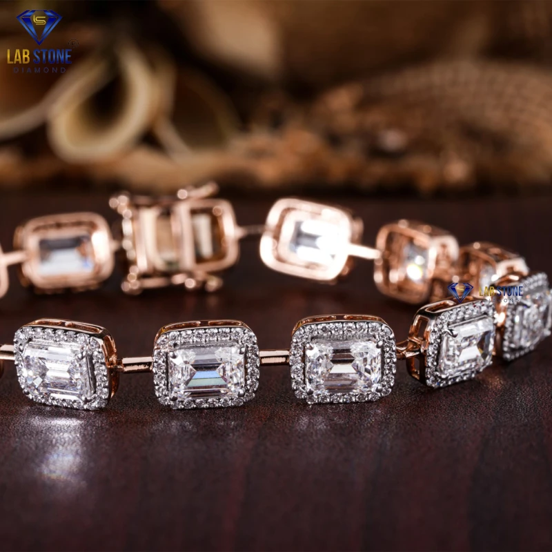12.18+ Carat Emerald & Round Cut Diamond Rose Gold Bracelet by Labstone / Experience Diamond Elegance / EF-VS Colour