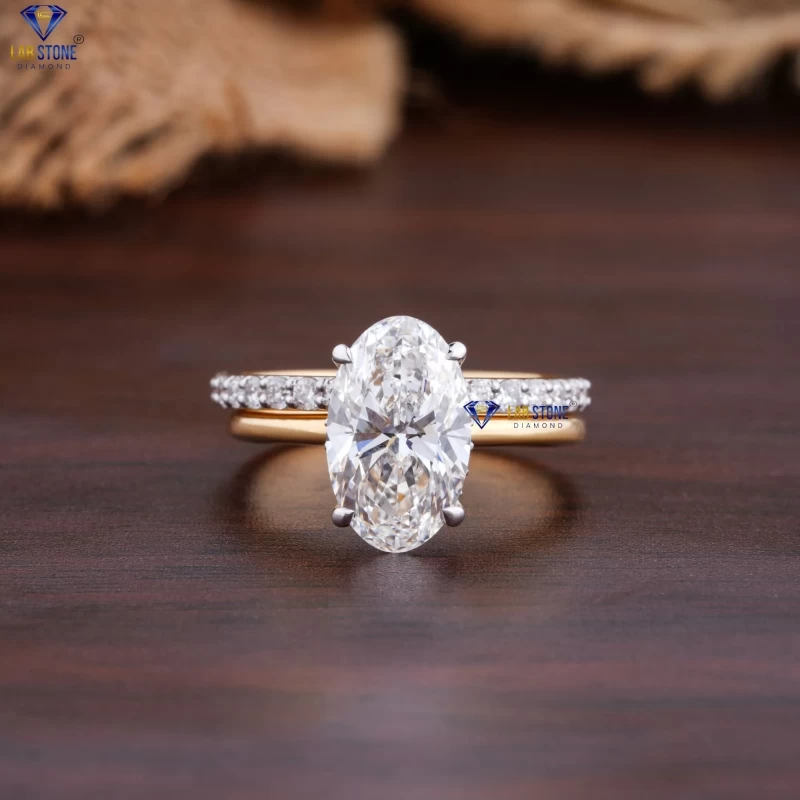 2.48+ Carat Oval & Round Cut Diamond Yellow Gold Ring by Lab-Stone , Exclusive Diamond Ring , EF-VS color