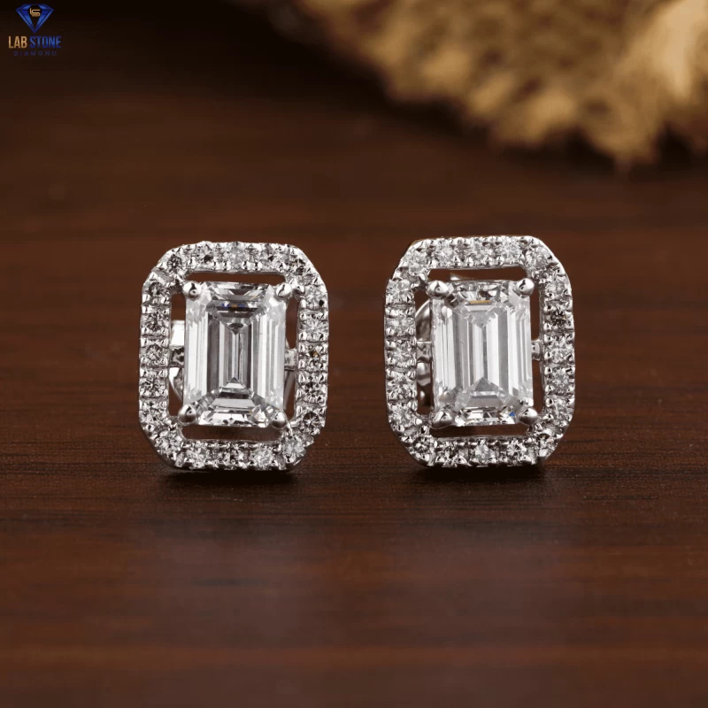 1.78+ Carat Emerald And Round Brilliant Cut Diamond Earring, Engagement Earring, Wedding Earring, E Color, VVS2-VS2 Clarity