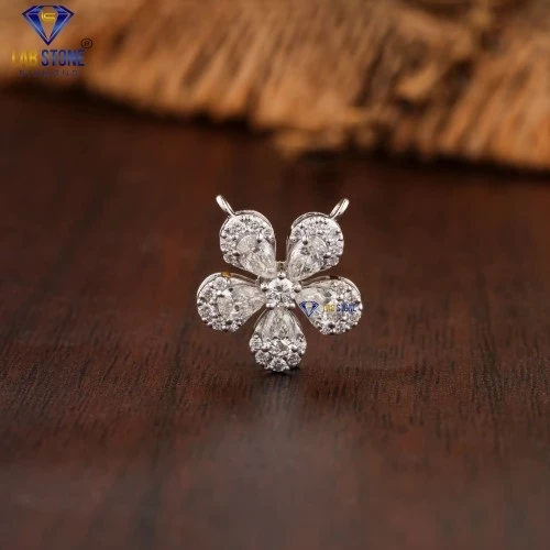0.70+ Carat Round & Pear Cut Diamond White Gold Pendant by Labstone , Floral Diamond Pendant , EF-VS color