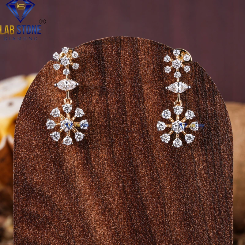 0.98+ Carat Marquise and Round Cut Diamond Yellow Gold Earring / Drop & Dangle Earring / EF-VS Colour
