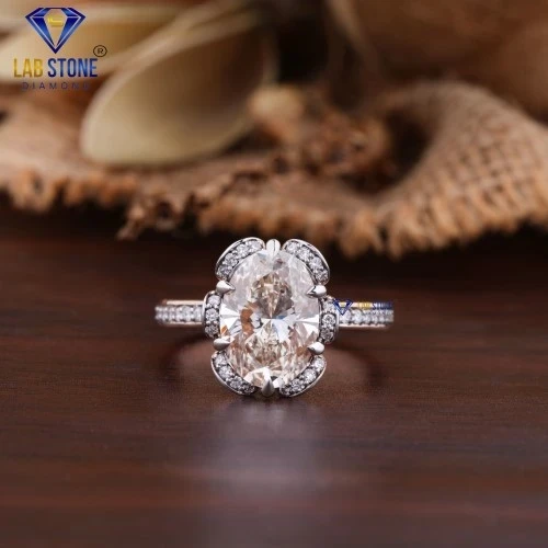 3.32+ Carat Oval & Round Cut Diamond Rose Gold Ring By Labstone , Feminine And Dazzling Ring , EF-VS color