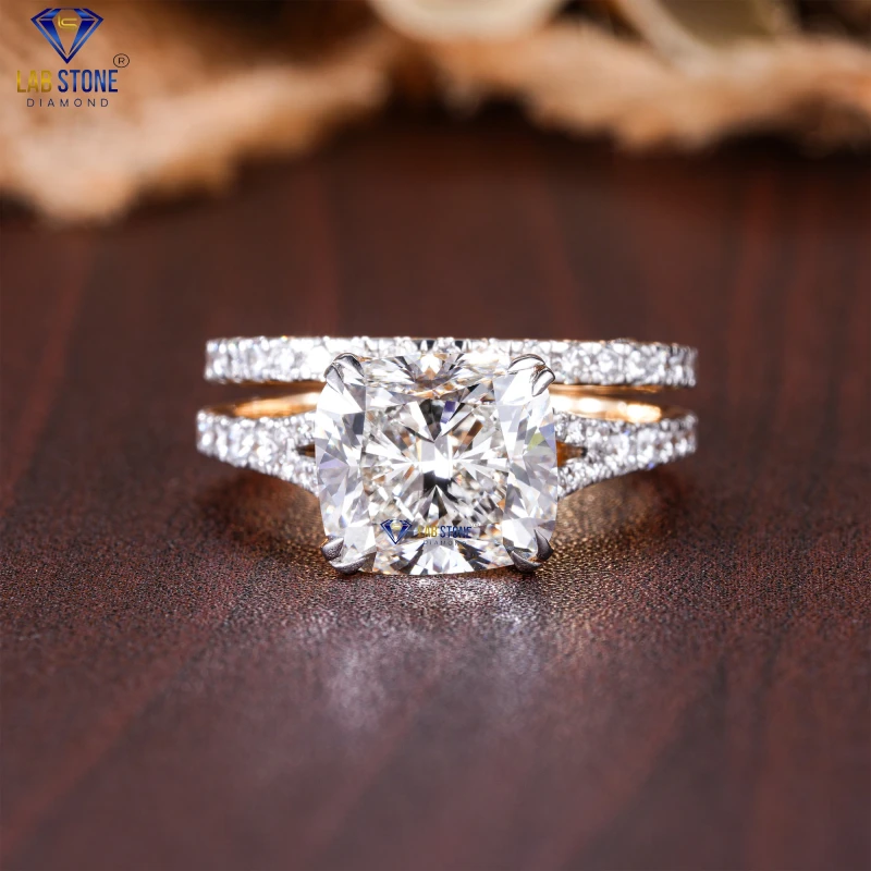6.04+ Carat Cushion & Round Cut Diamond Yellow Gold Ring by Labstone / Elegance and Sophistication Ring / EF-VS color