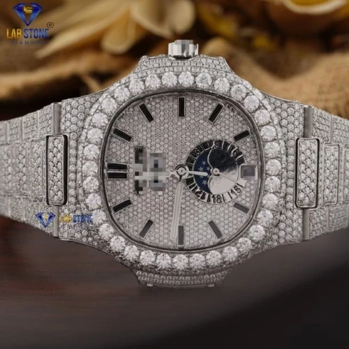 22.25 TDW Round Cut Men's Diamond Watch by Lab Stone / Crystal Spark Moissanite Diamond Watch 