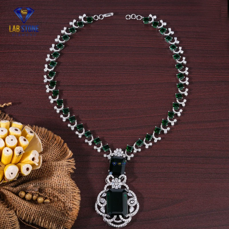 122.06+ Carat F.G Emerald, Princess & Round Cut Diamond And Gemstone White Gold Necklace / Charm Necklace/ EF-VS Colour
