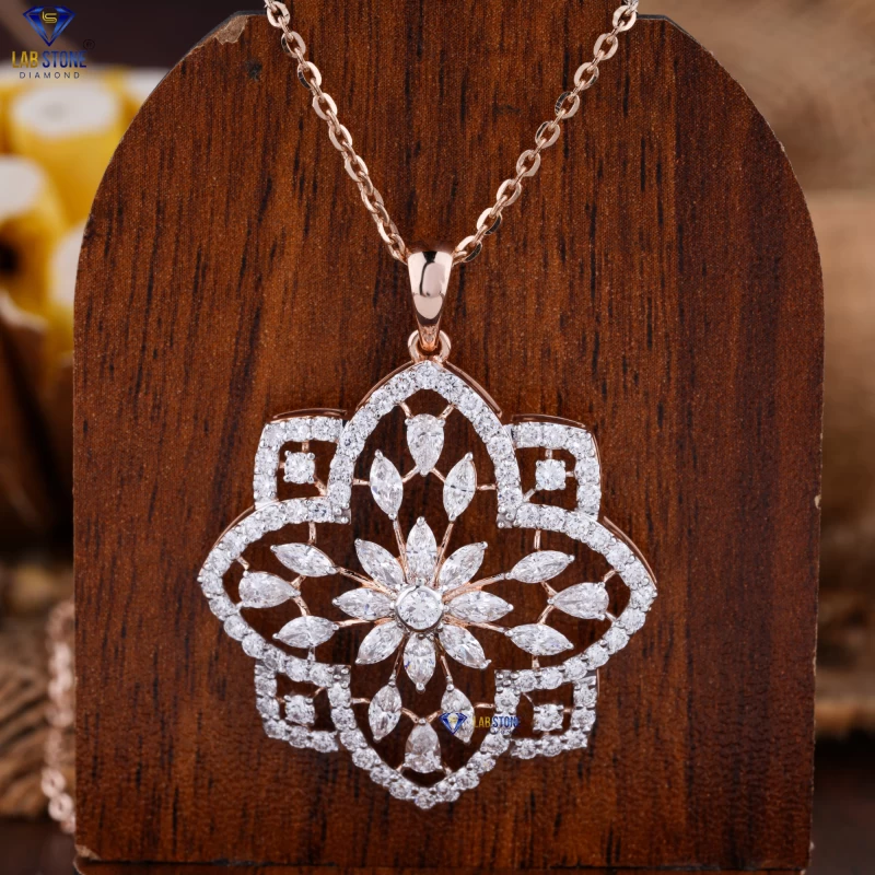 3.43+ Carat Round,Marquise&Pear Cut Diamond RoseGold Pendant And Earring With Chain by Labstone , Charming Pendant Set , EF-VS color