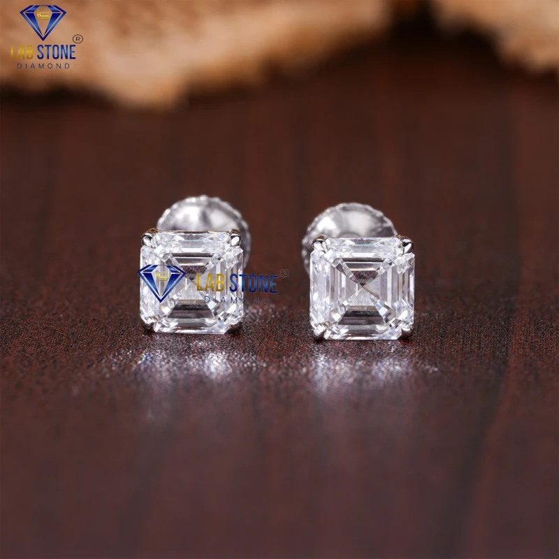 0.80+ Carat Asscher Cut Diamond White Gold Earring by Labstone / Incomparable Diamond Beauty / EF-VS Colour