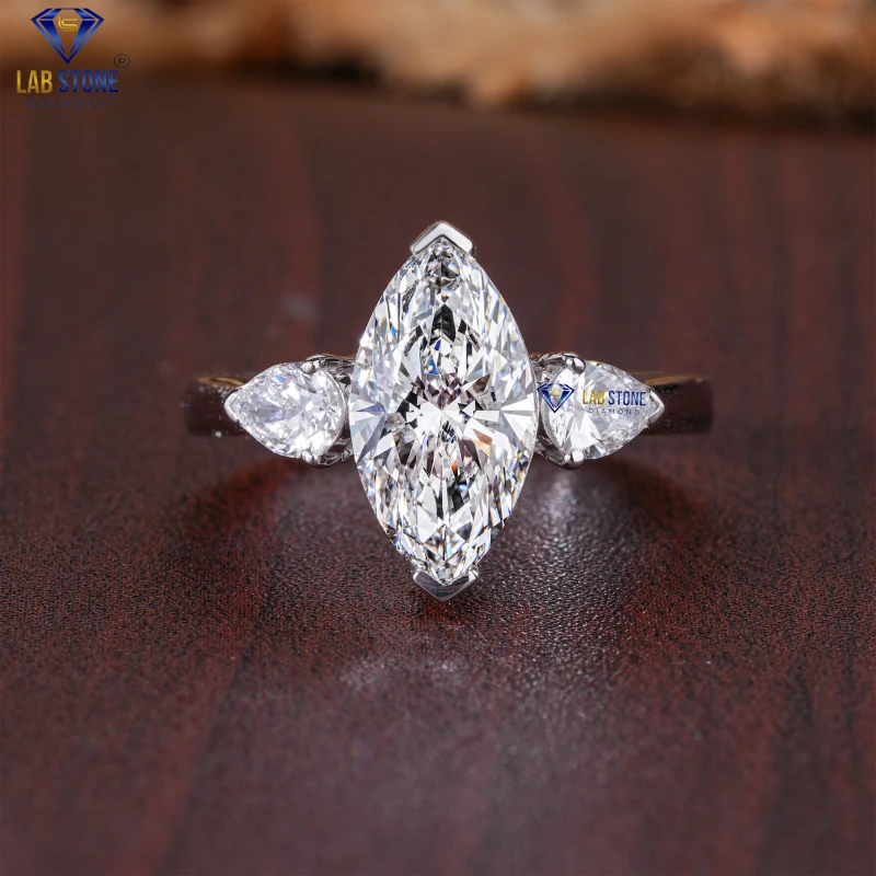 2.56+ Carat Marquise & Pear Cut Diamond White Gold Ring / Three Stone Ring / EF-VS Colour