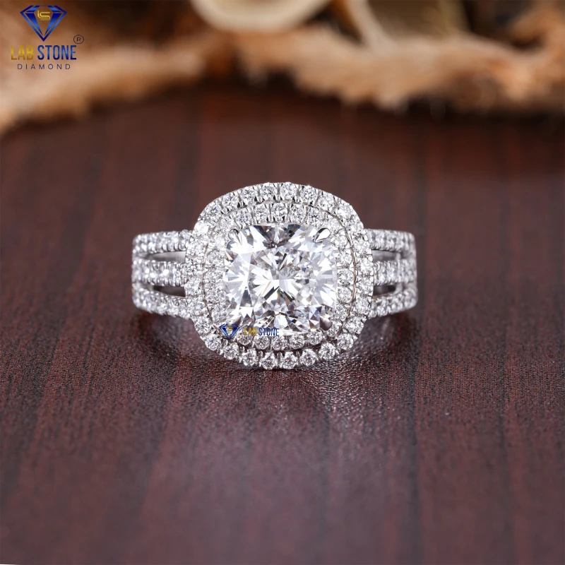 2.56+ Carat Cushion & Round Cut Diamond White Gold Ring by Lab-Stone / Elegantly Crafted Diamond Ring / EF-VS color