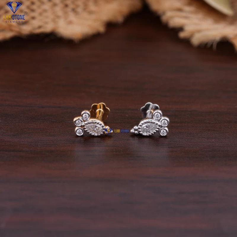 0.142+ Carat Round & Pear Cut Diamond White/Rose Gold Earring by Labstone / Tiny Twinkling Diamond Earring / EF color VS clarity