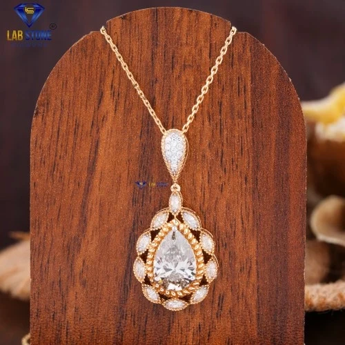 7.414+ Carat Pear,Marqise&Round Cut Diamond YellowGold PendantAndEarring WithChain by Labstone , Bridal Pendant Set , EF-VS color